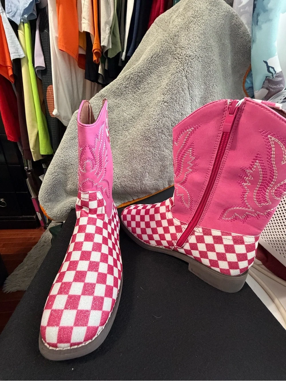 Kids Pink Checkered Cowboy Boots